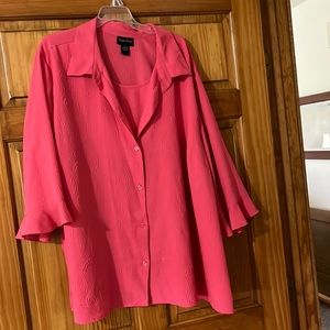 coral/pink  w/ 3/4 bell sleeves and attached tank inside blouse. 100% Polyester